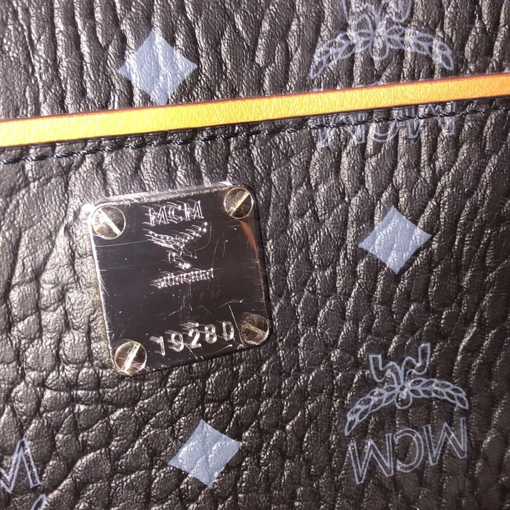 Black Patterned Tote Bag with Tan Handles